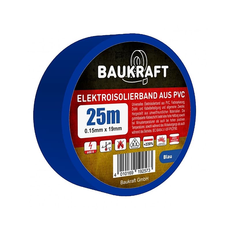 Ізоляційна стрічка ПВХ 0,15ммx19ммx25м блакитна, TM BAUKRAFT